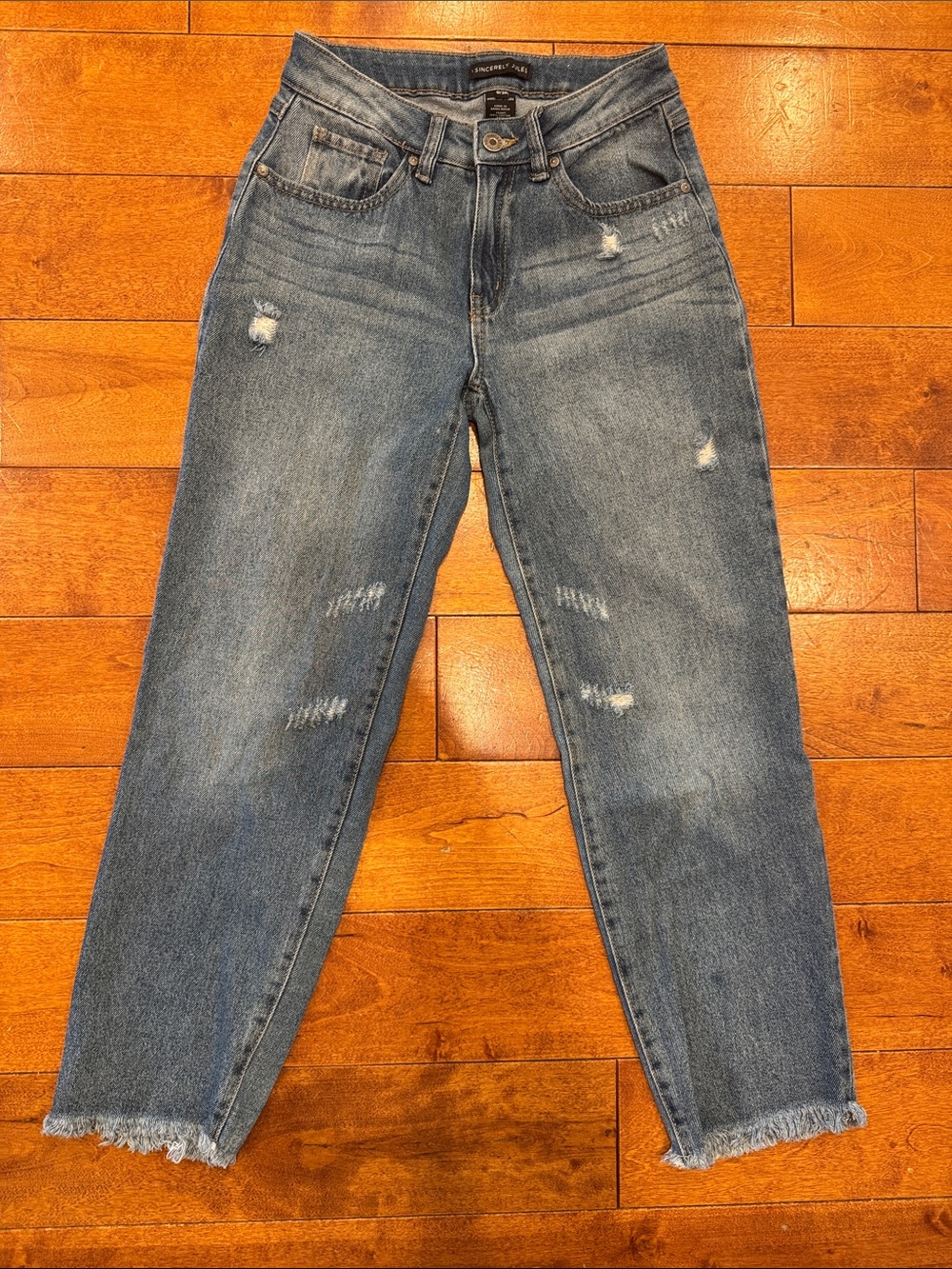 Sincerely Jules Cropped Distressed Blue Mom Jeans